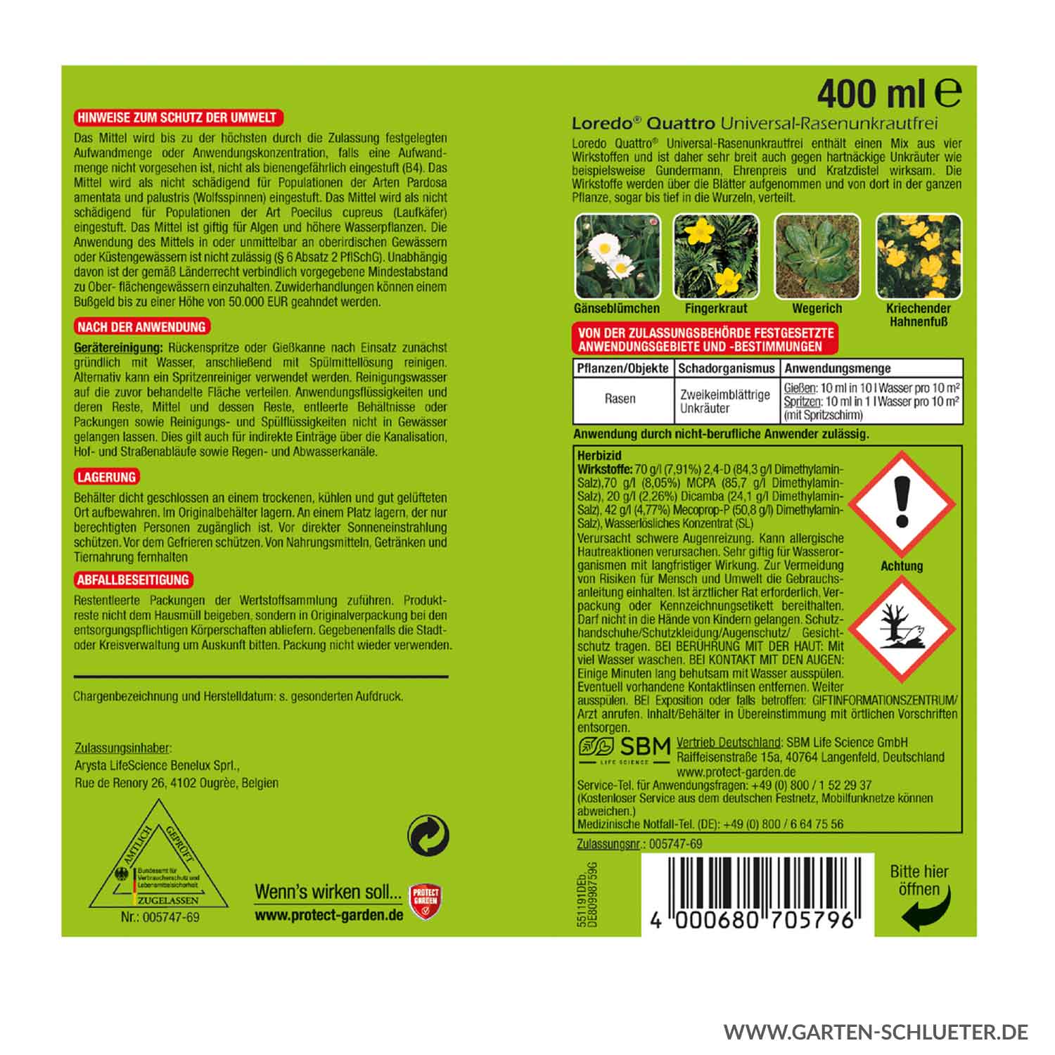 Protect Garden Universal-Rasenunkrautfrei 'Loredo® Quattro' - 400ml Lieferform: Kunststoffflasche mit Meßdeckel