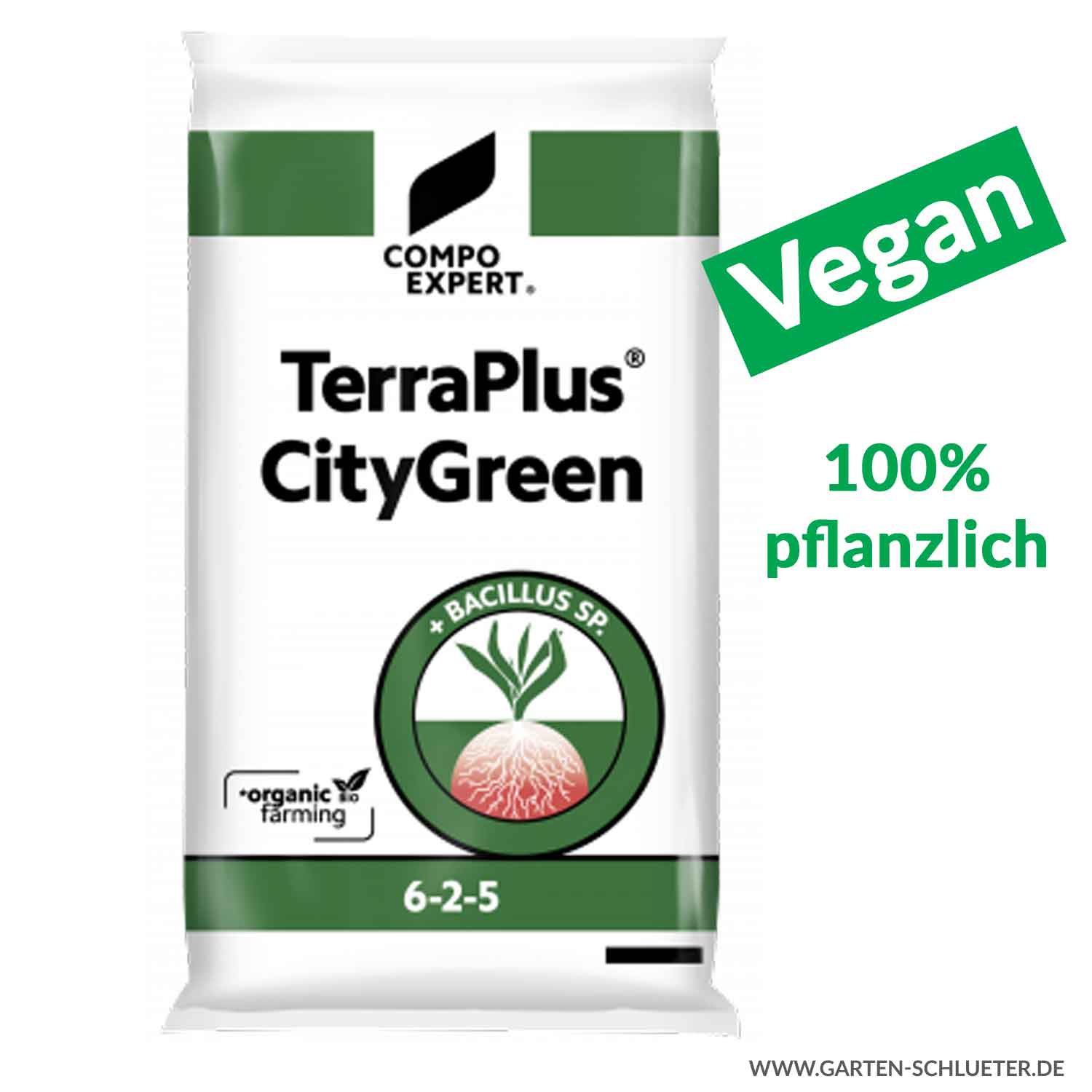 Organischer Volldünger - Compo Expert® TerraPlus® CityGreen 6-2-5 - 20 kg - Vegan 100% Pflanzlich Lieferform: Kunststoffbeutel